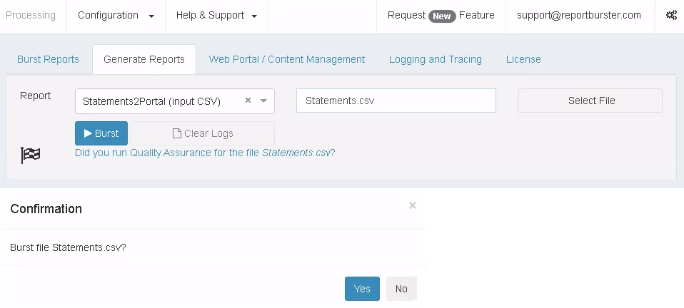 ReportBurster Portal StateMents2Portal execution