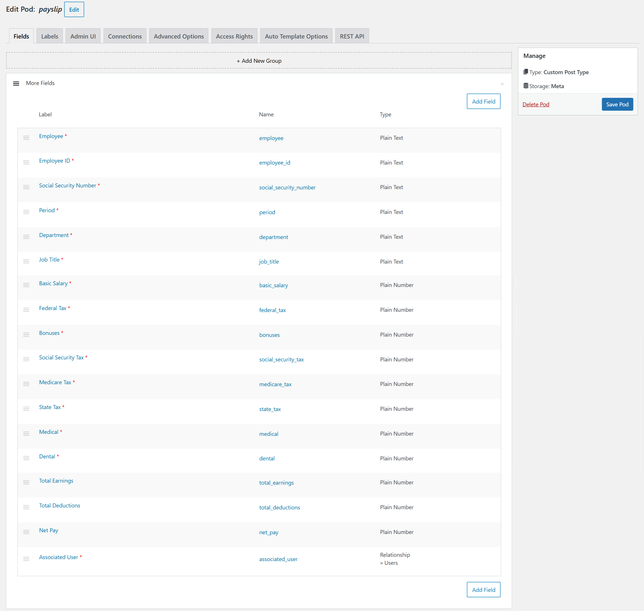 Portal admin UI showing Payslip content type and fields