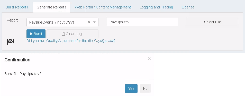 ReportBurster Portal Payslips2Portal execution