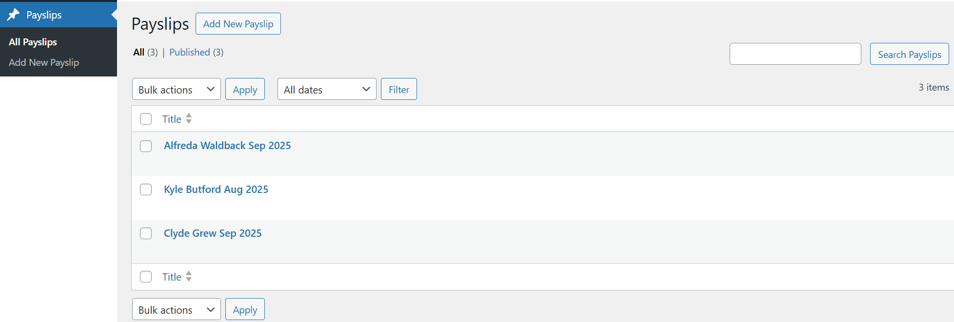 Portal admin showing new payslips