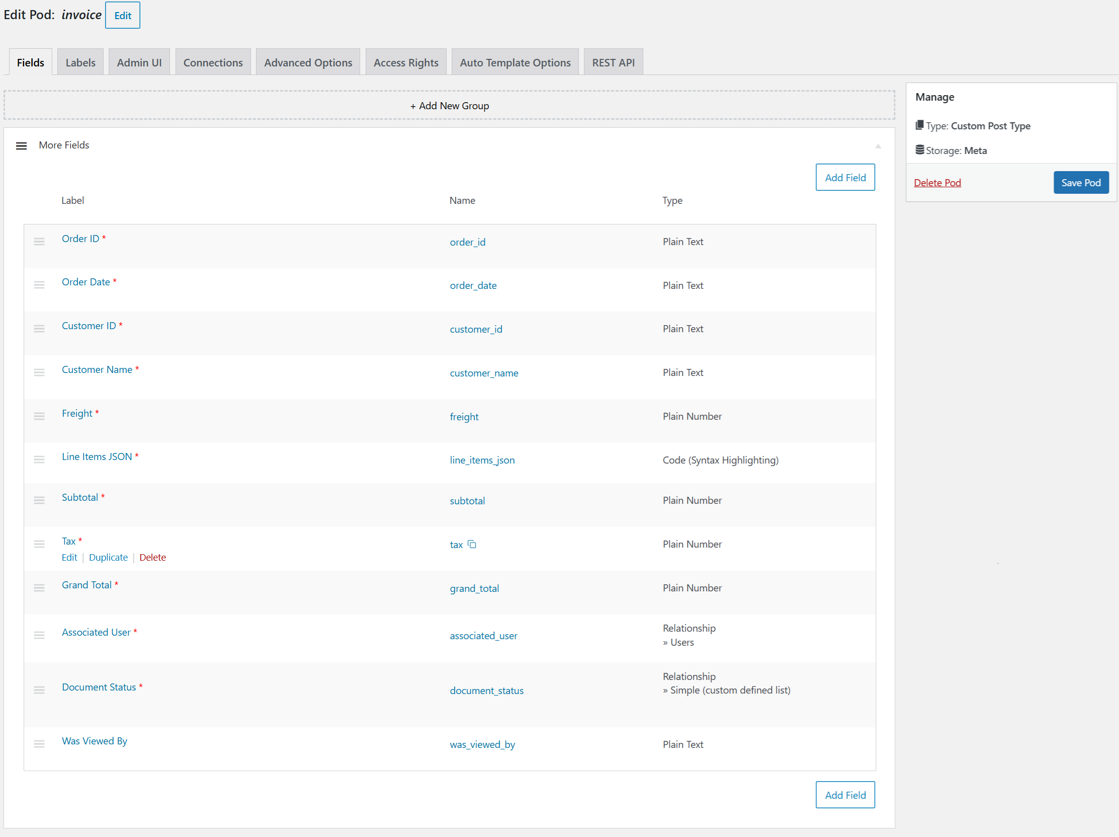 Portal admin UI showing Invoice content type and fields