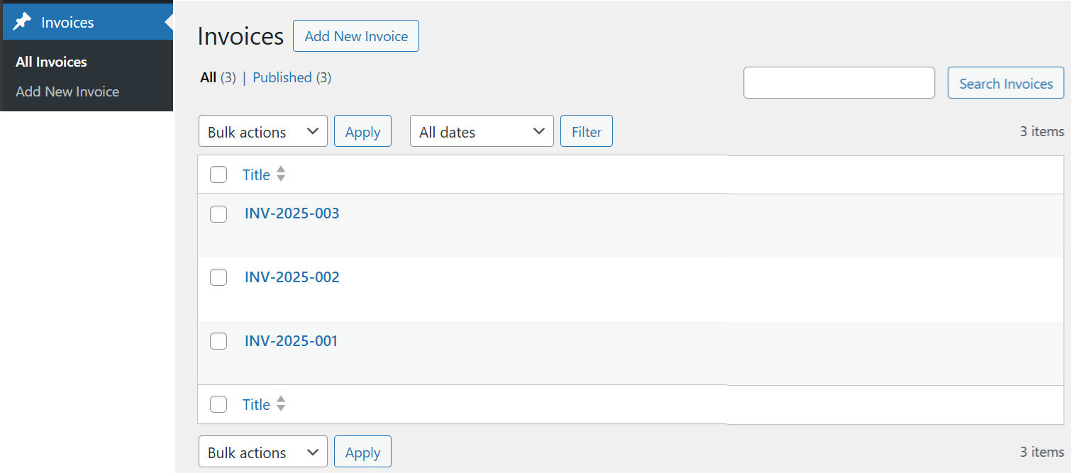 Portal admin showing new invoices