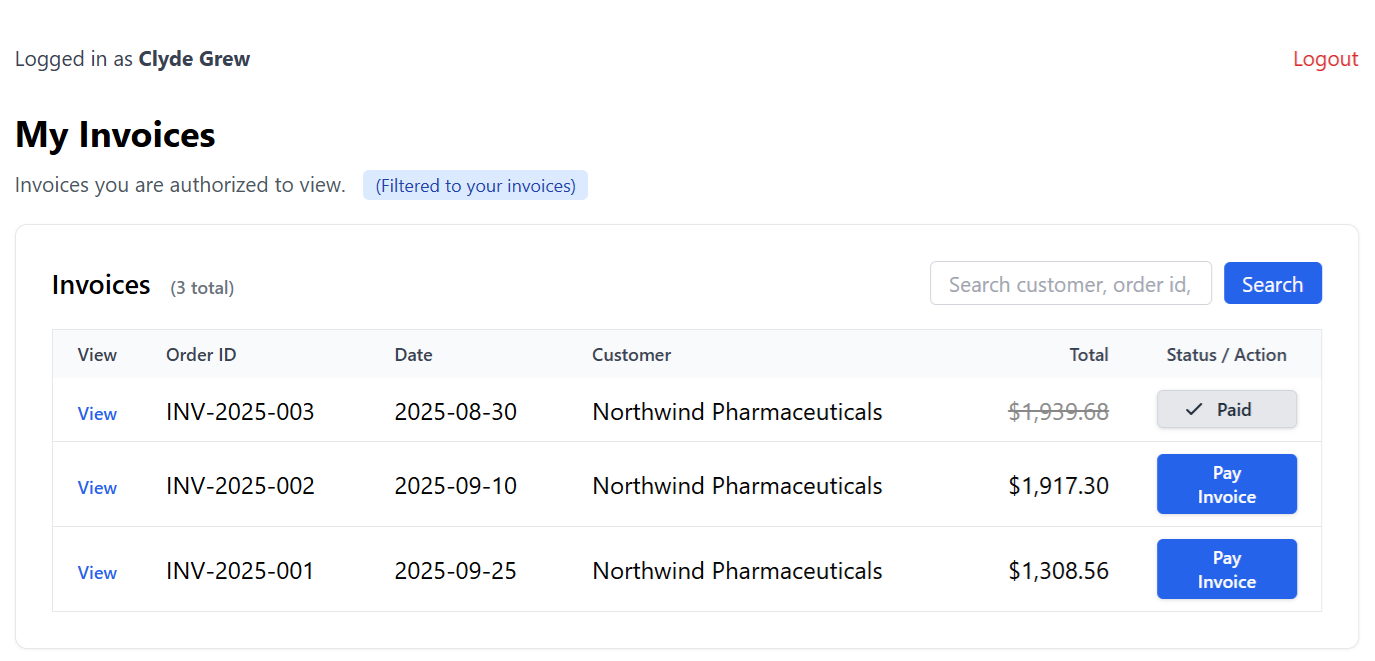 My Documents page for invoices