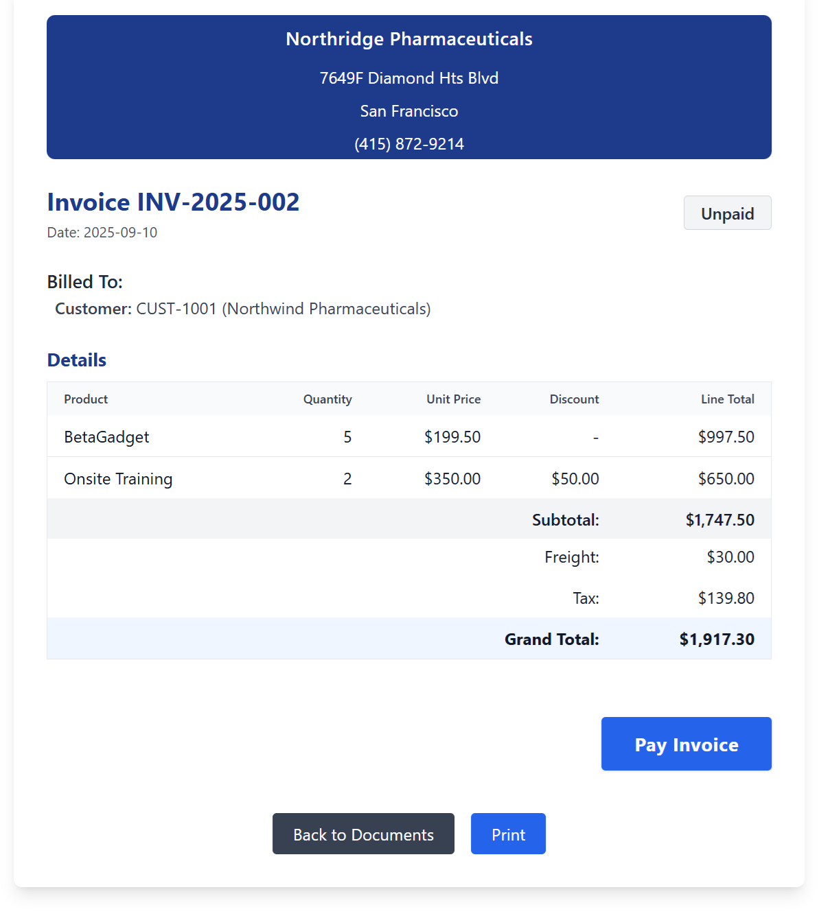 Single invoice view